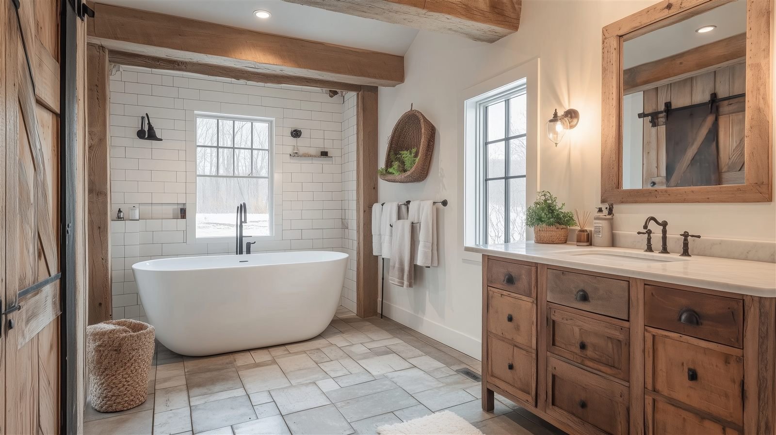 Finished post-and-beam bathroom with freestanding tub