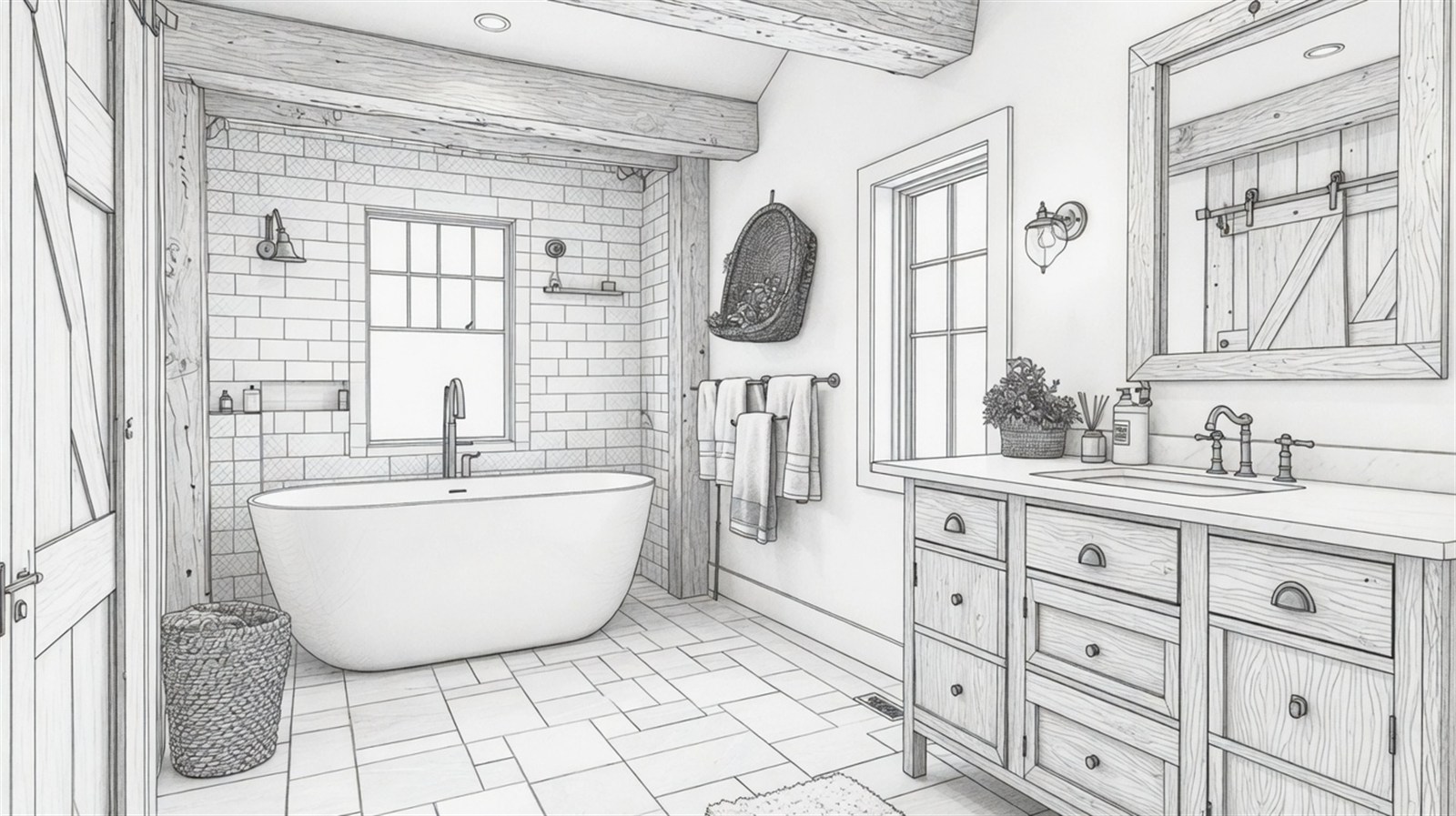 Line drawing of the bathroom with tub placed
