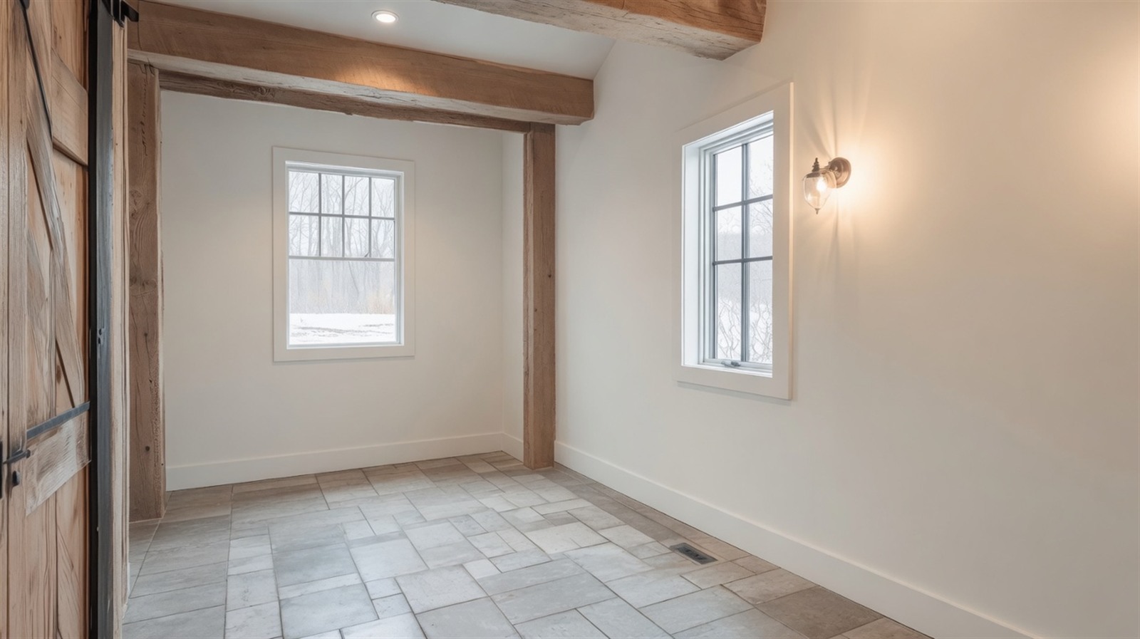 Empty post-and-beam bathroom ready for fixtures