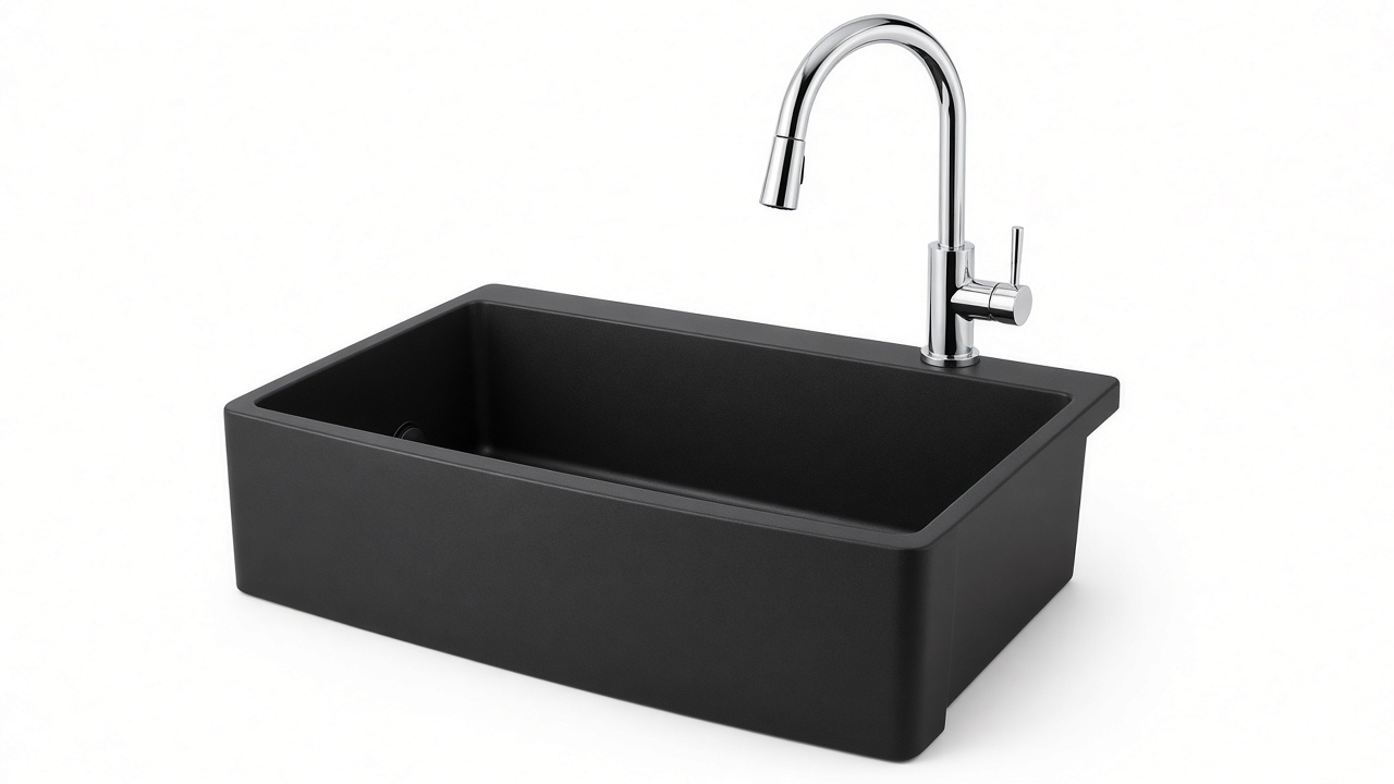 Matte black farmhouse sink with chrome faucet