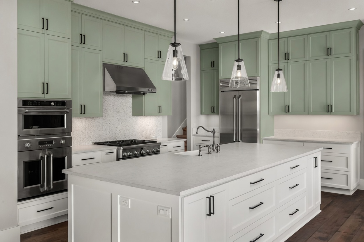 Same kitchen — green upper cabinets, white lowers
