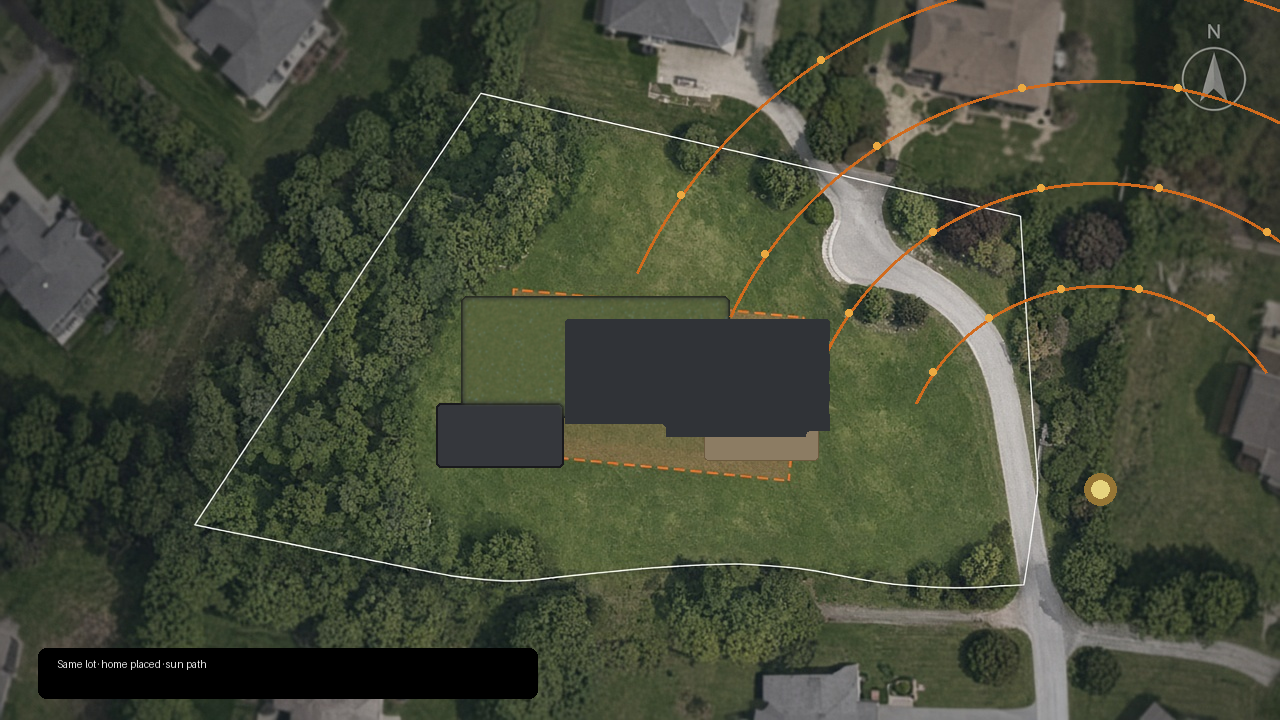 Home placed on the lot with sun path overlay