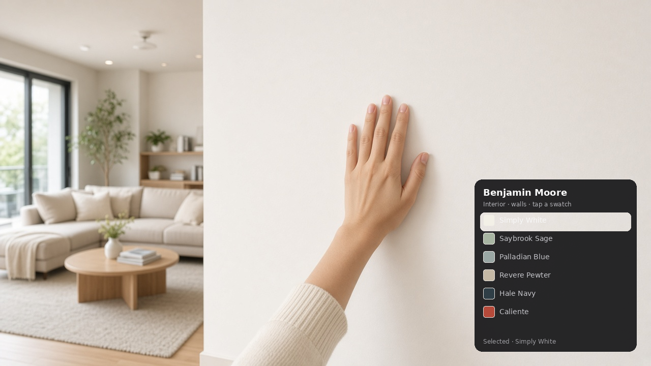 Final inspection in VR — wall color with Benjamin Moore swatches