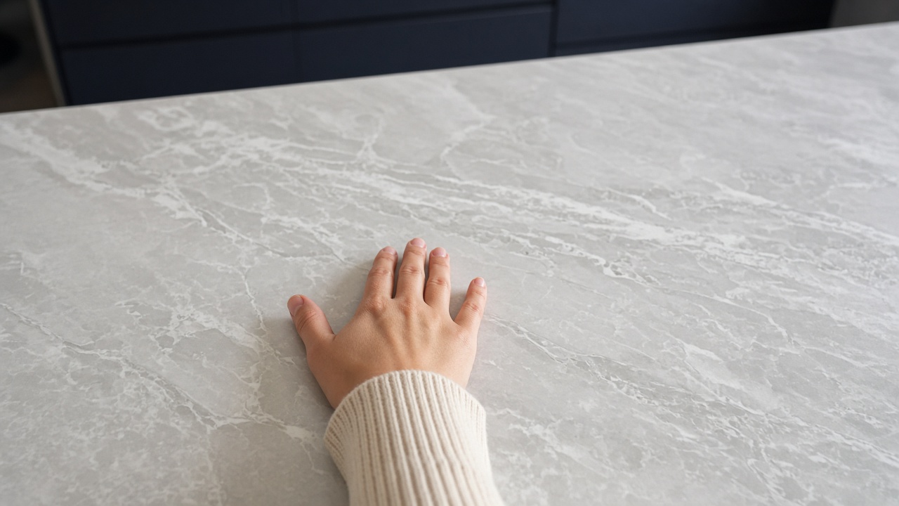 First-person hand on a kitchen island countertop in VR