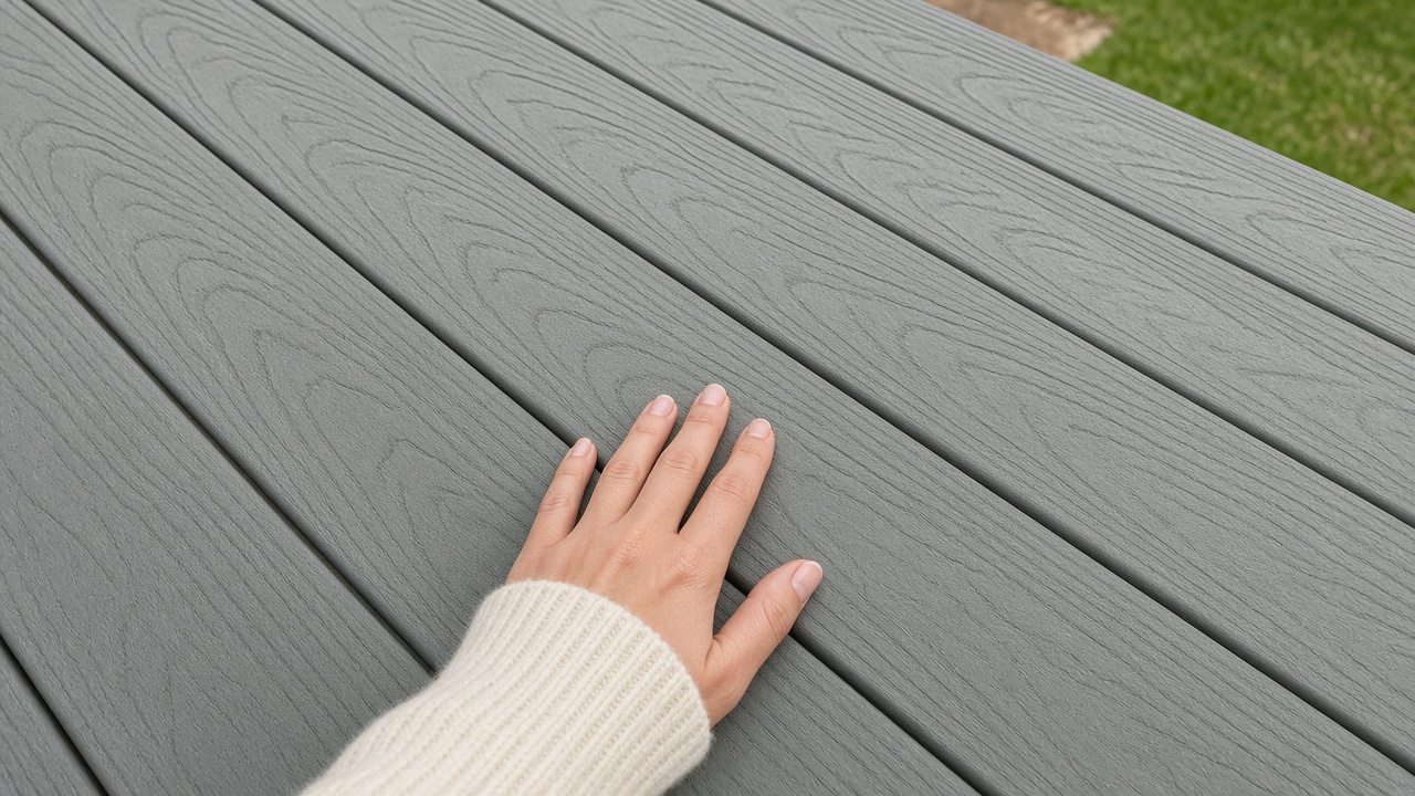 First-person hand on a Trex composite deck in VR