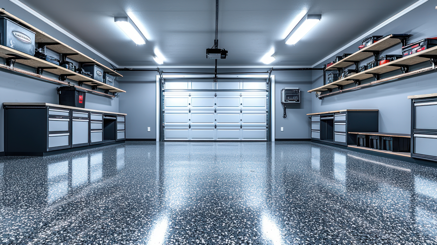 Garage with sealed epoxy flake floor
