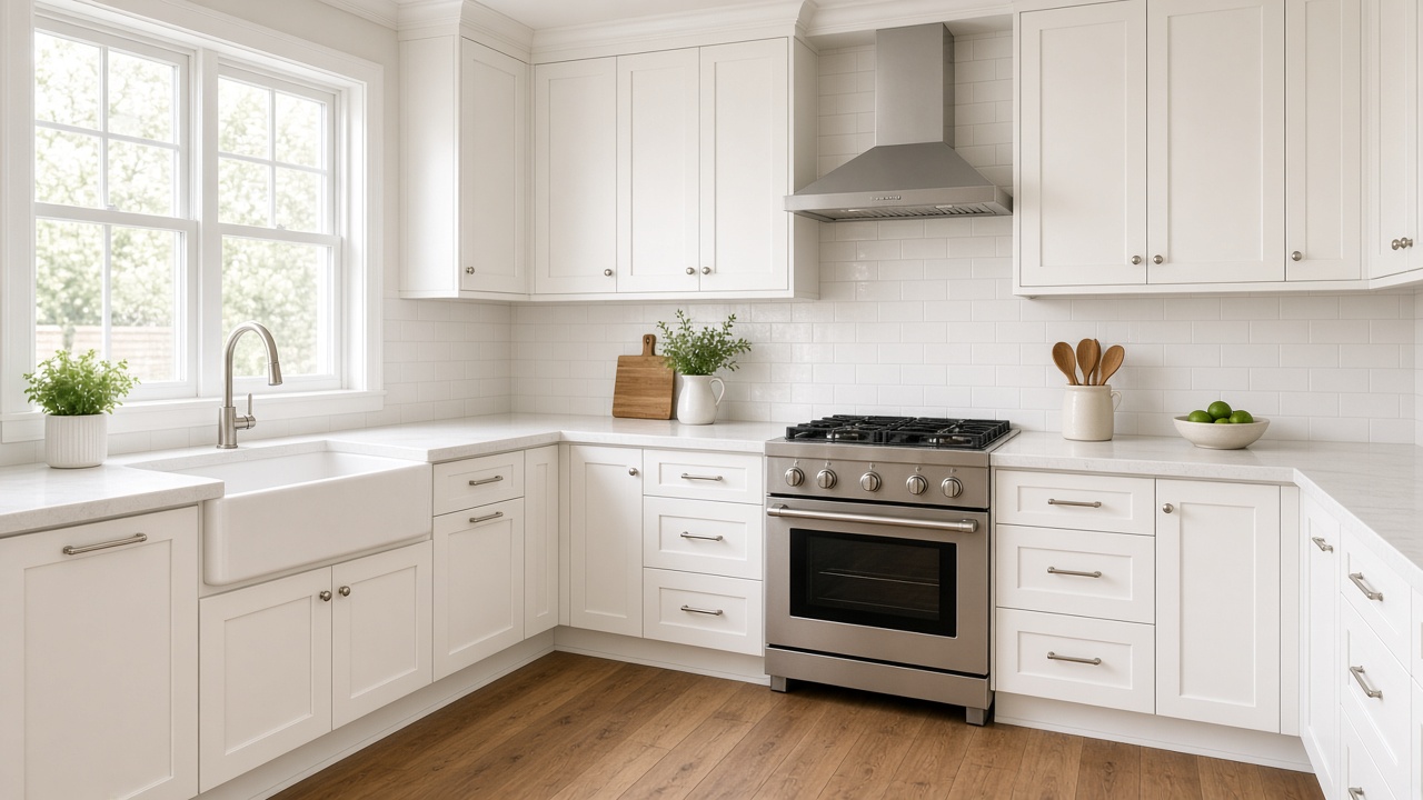 Kitchen with four-burner gas range and full cabinet run