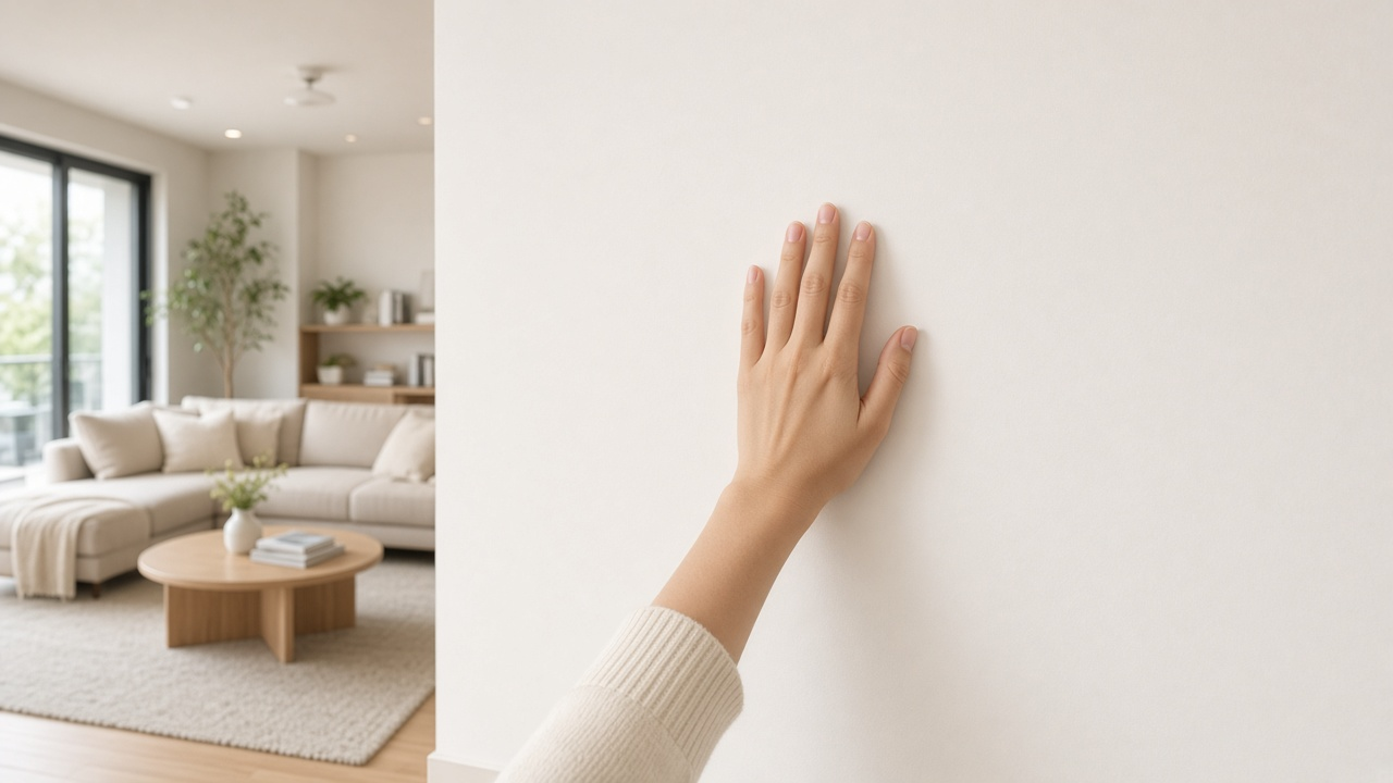First-person hand touching an interior wall in VR